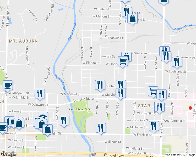 map of restaurants, bars, coffee shops, grocery stores, and more near 1500 West Missouri Street in Evansville
