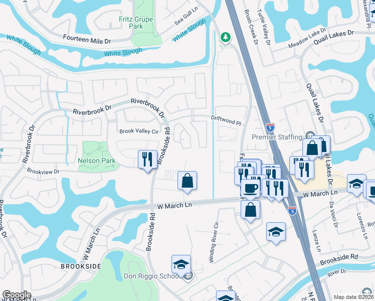 map of restaurants, bars, coffee shops, grocery stores, and more near 3646 Whispering Creek Circle in Stockton