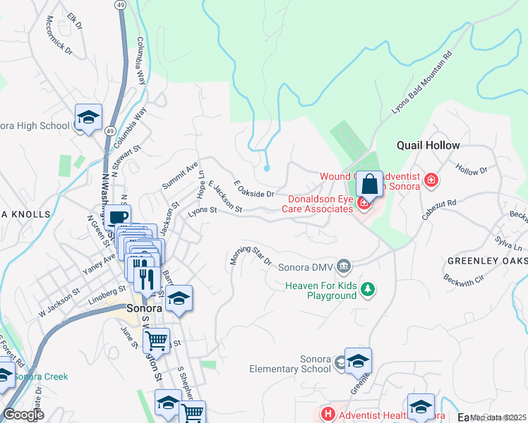 map of restaurants, bars, coffee shops, grocery stores, and more near 445 East Jackson Street in Sonora