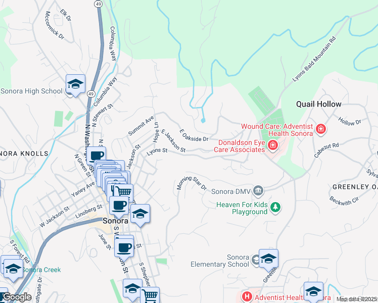 map of restaurants, bars, coffee shops, grocery stores, and more near 453 East Jackson Street in Sonora
