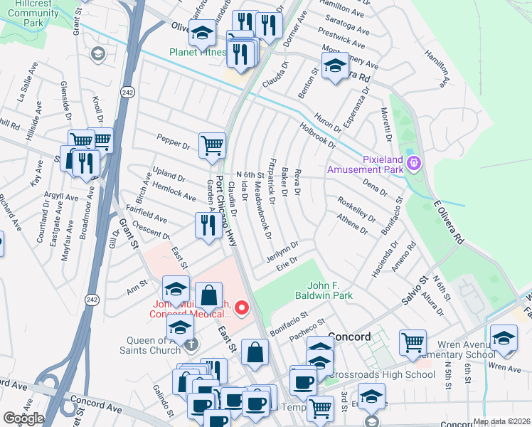map of restaurants, bars, coffee shops, grocery stores, and more near 3142 Meadowbrook Drive in Concord