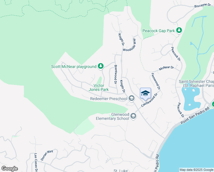 map of restaurants, bars, coffee shops, grocery stores, and more near 27 Briarwood Drive in San Rafael