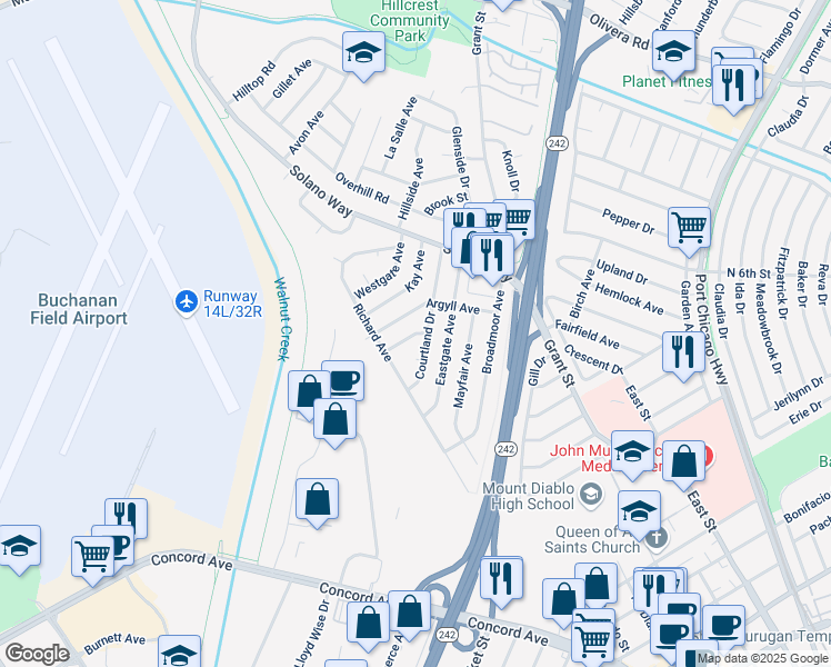map of restaurants, bars, coffee shops, grocery stores, and more near 2724 Edward Avenue in Concord