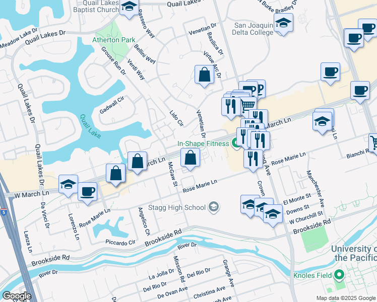map of restaurants, bars, coffee shops, grocery stores, and more near 1776-1898 W March Ln in Stockton