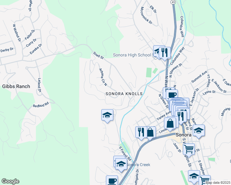 map of restaurants, bars, coffee shops, grocery stores, and more near 62 Arbona Cir S in Sonora