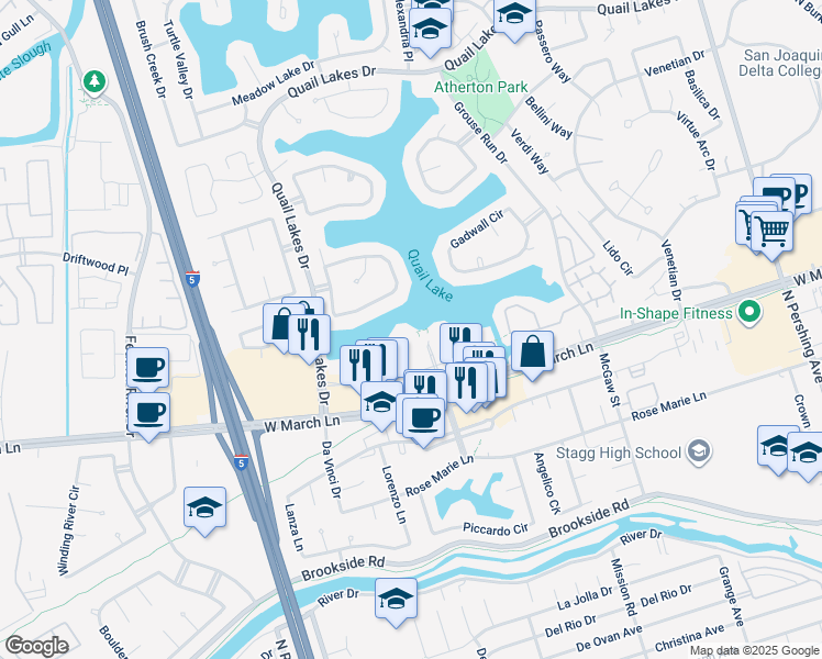 map of restaurants, bars, coffee shops, grocery stores, and more near 2381 West March Lane in Stockton