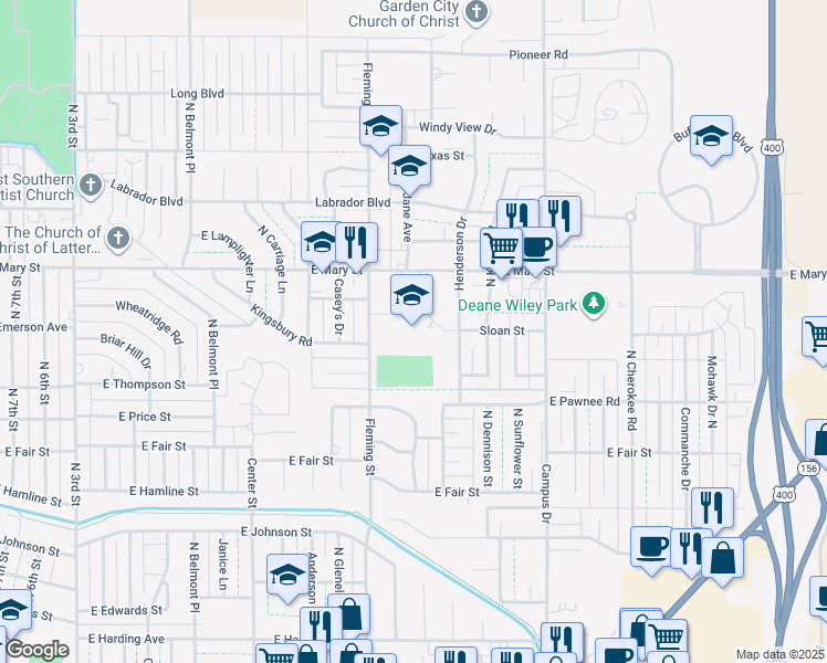 map of restaurants, bars, coffee shops, grocery stores, and more near 2406 Fleming Street in Garden City