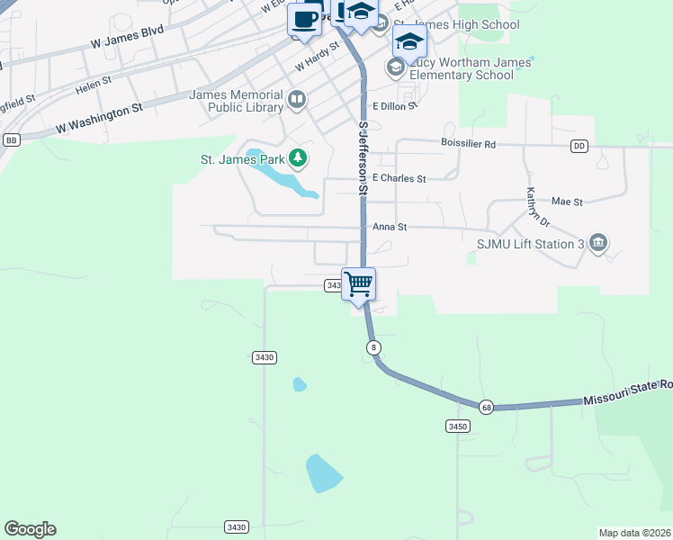 map of restaurants, bars, coffee shops, grocery stores, and more near 129 Burchwood Drive in Saint James