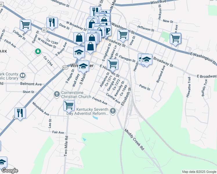 map of restaurants, bars, coffee shops, grocery stores, and more near 112 Georgia Street in Winchester