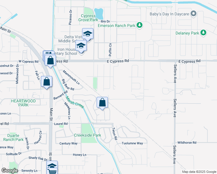map of restaurants, bars, coffee shops, grocery stores, and more near 1113 Donatello Way in Oakley