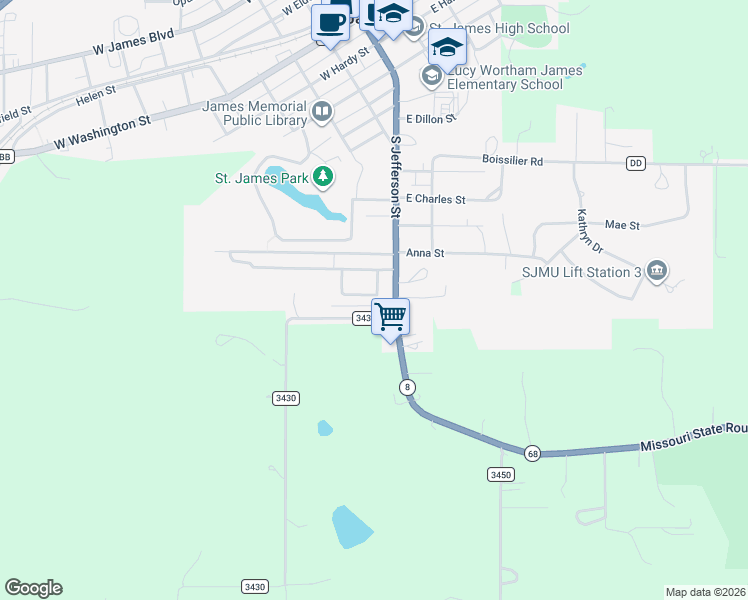 map of restaurants, bars, coffee shops, grocery stores, and more near 129 Burchwood Drive in Saint James