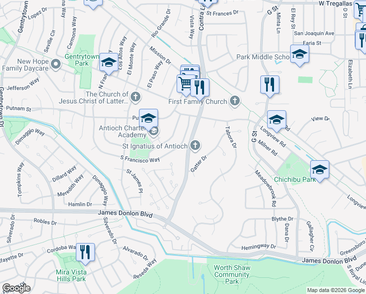 map of restaurants, bars, coffee shops, grocery stores, and more near 3354 South Francisco Way in Antioch