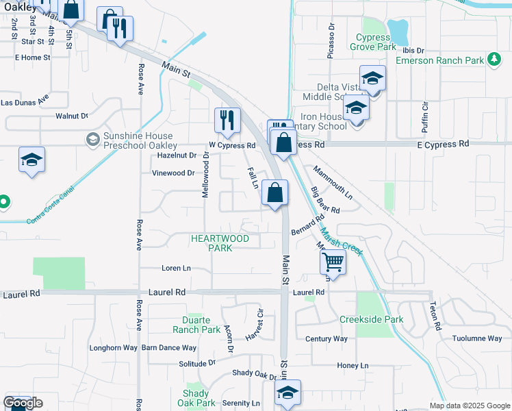 map of restaurants, bars, coffee shops, grocery stores, and more near 210 Almondtree Lane in Oakley