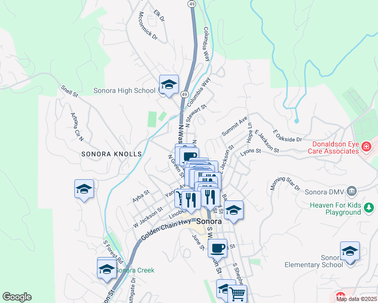 map of restaurants, bars, coffee shops, grocery stores, and more near 153 North Stewart Street in Sonora
