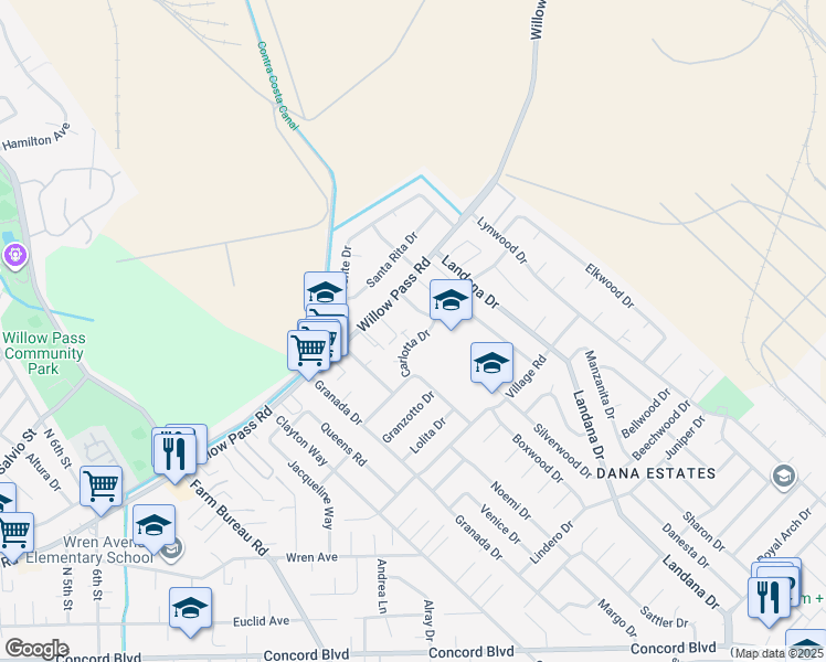 map of restaurants, bars, coffee shops, grocery stores, and more near 1923 Carlotta Drive in Concord