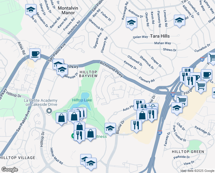 map of restaurants, bars, coffee shops, grocery stores, and more near 3400 Richmond Parkway in Richmond