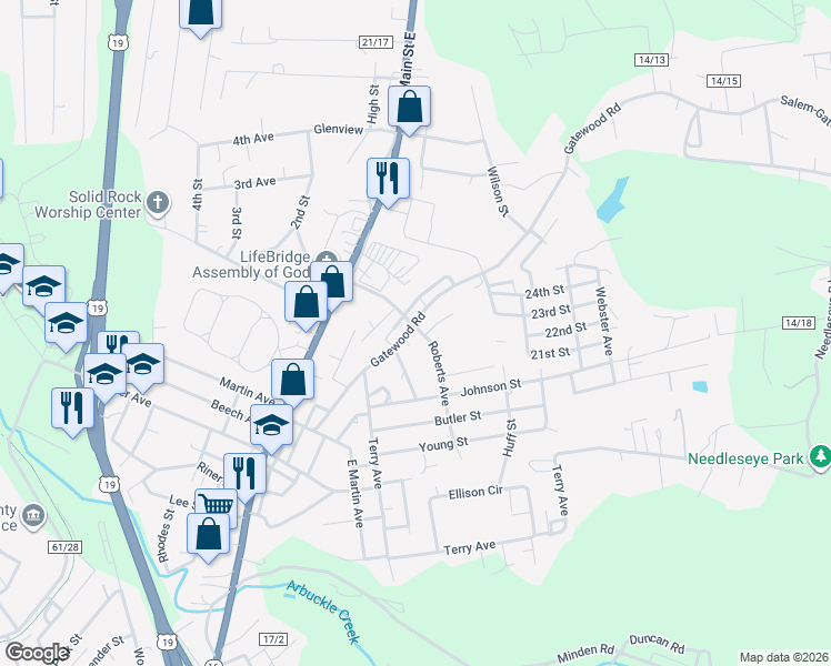 map of restaurants, bars, coffee shops, grocery stores, and more near 400-448 Gatewood Ave in Oak Hill