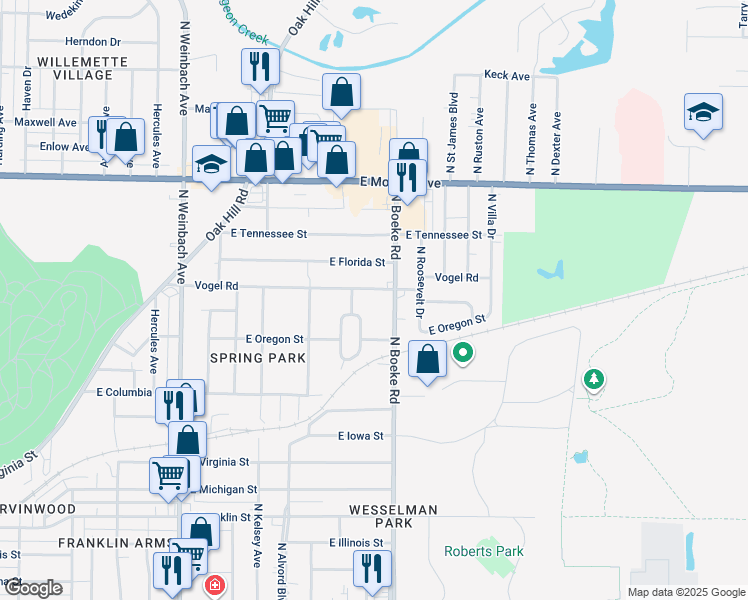 map of restaurants, bars, coffee shops, grocery stores, and more near 1118 North Boeke Road in Evansville