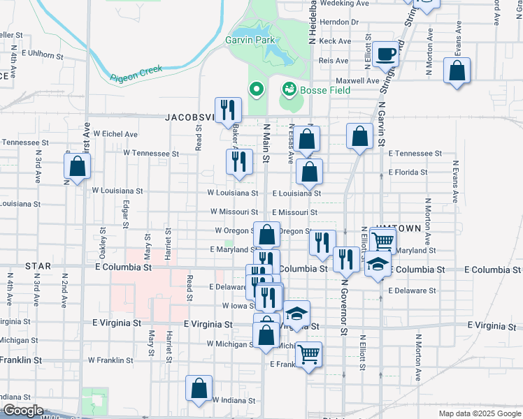 map of restaurants, bars, coffee shops, grocery stores, and more near 1100 North Main Street in Evansville
