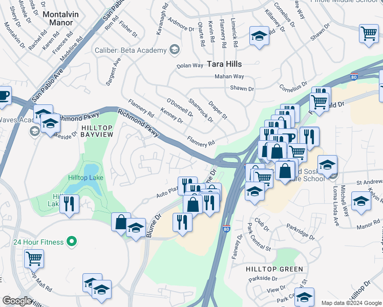map of restaurants, bars, coffee shops, grocery stores, and more near 3634 Richmond Parkway in San Pablo