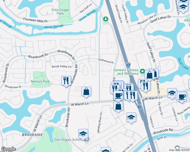 map of restaurants, bars, coffee shops, grocery stores, and more near 5027 Moss Creek Circle in Stockton
