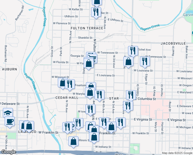 map of restaurants, bars, coffee shops, grocery stores, and more near 1037 North Fulton Avenue in Evansville