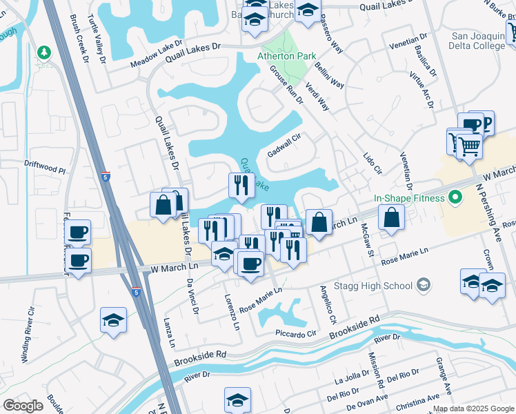 map of restaurants, bars, coffee shops, grocery stores, and more near 2291 West March Lane in Stockton