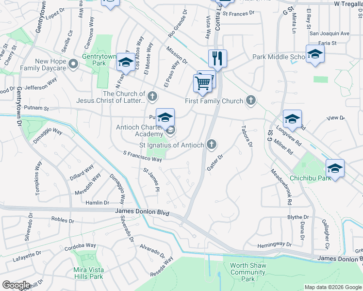 map of restaurants, bars, coffee shops, grocery stores, and more near 3326 Hacienda Way in Antioch