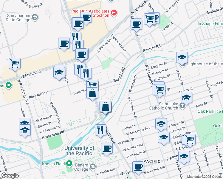 map of restaurants, bars, coffee shops, grocery stores, and more near 328 Northbank Court in Stockton