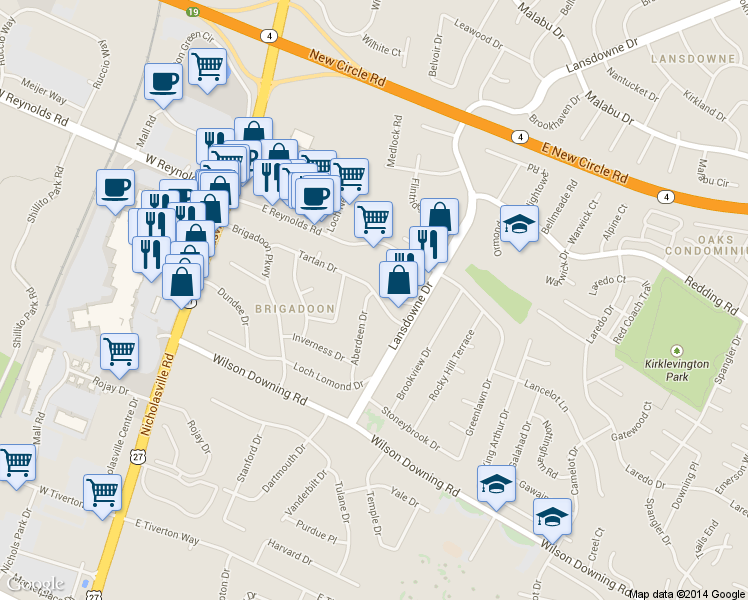 map of restaurants, bars, coffee shops, grocery stores, and more near 205 Aberdeen Drive in Lexington