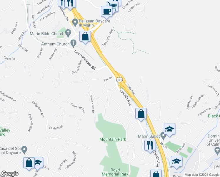map of restaurants, bars, coffee shops, grocery stores, and more near 80 Fair Drive in San Rafael