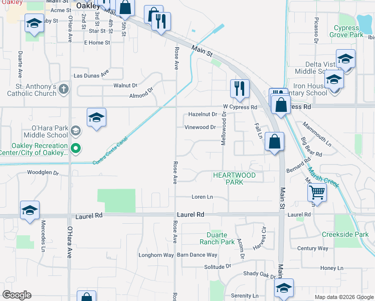 map of restaurants, bars, coffee shops, grocery stores, and more near 484 Anvilwood Drive in Oakley