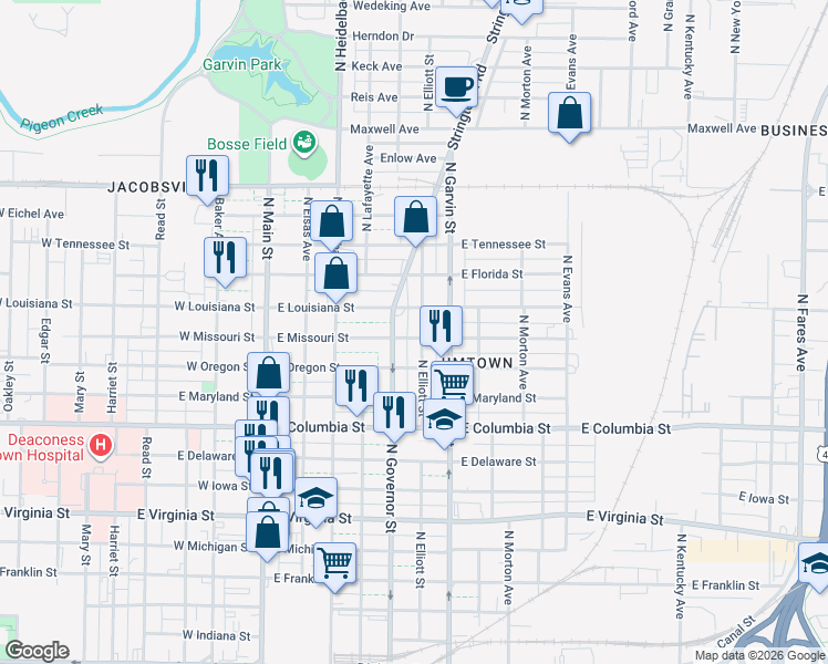 map of restaurants, bars, coffee shops, grocery stores, and more near 1100 North Elliott Street in Evansville