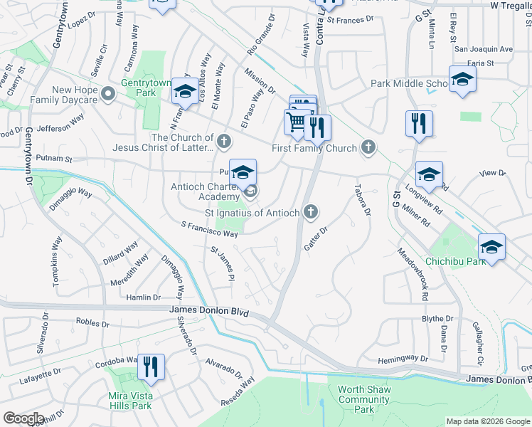 map of restaurants, bars, coffee shops, grocery stores, and more near 3326 Hacienda Way in Antioch