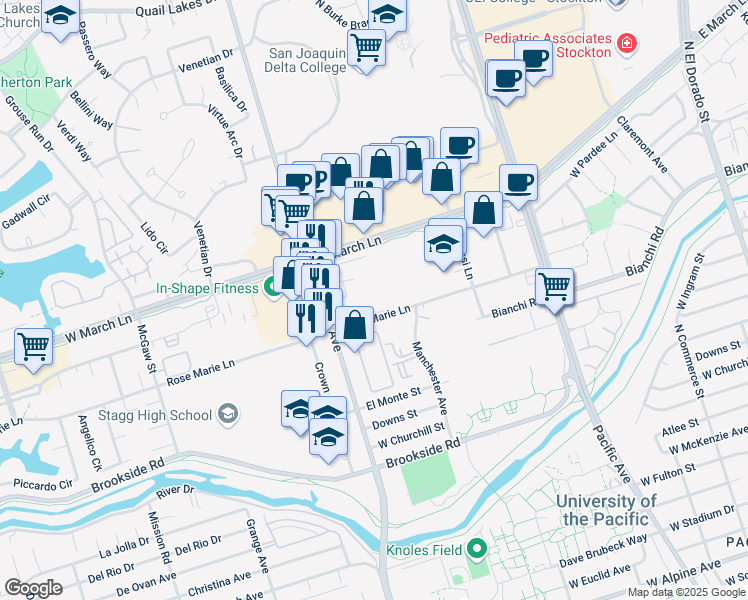 map of restaurants, bars, coffee shops, grocery stores, and more near 1039 Rosemarie Lane in Stockton