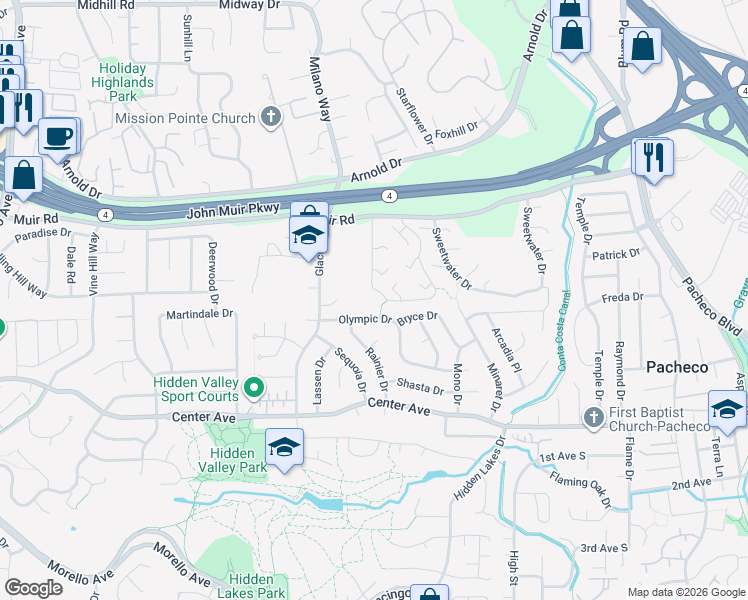 map of restaurants, bars, coffee shops, grocery stores, and more near 87 Fountainhead Court in Martinez