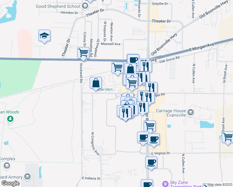 map of restaurants, bars, coffee shops, grocery stores, and more near 4614 Vogel Road in Evansville