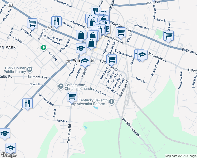 map of restaurants, bars, coffee shops, grocery stores, and more near 132 Alabama Street in Winchester