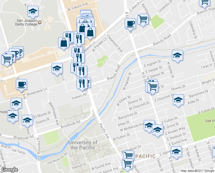 map of restaurants, bars, coffee shops, grocery stores, and more near 328 Northbank Court in Stockton