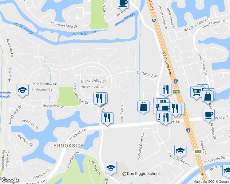 map of restaurants, bars, coffee shops, grocery stores, and more near 3588 Brookside Rd in Stockton