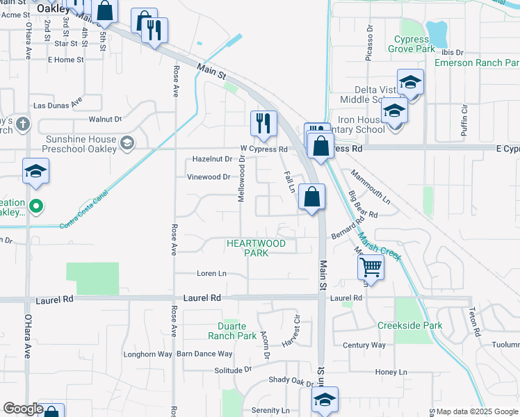 map of restaurants, bars, coffee shops, grocery stores, and more near 446 Almondtree Circle in Oakley