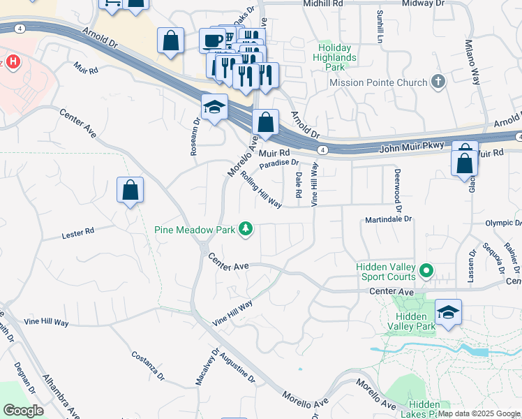 map of restaurants, bars, coffee shops, grocery stores, and more near 1244 Rolling Hill Court in Martinez