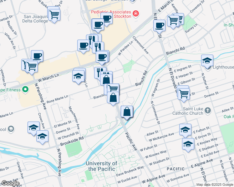 map of restaurants, bars, coffee shops, grocery stores, and more near 518 West Bianchi Road in Stockton