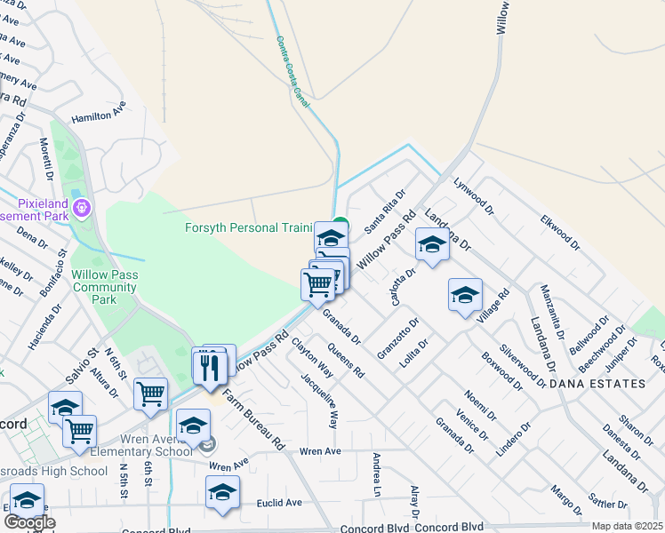 map of restaurants, bars, coffee shops, grocery stores, and more near in Concord