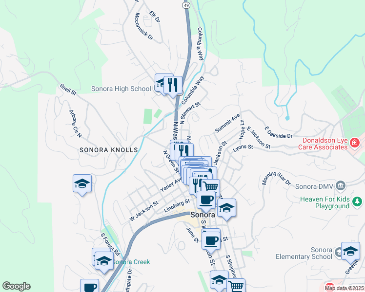 map of restaurants, bars, coffee shops, grocery stores, and more near 153 North Stewart Street in Sonora