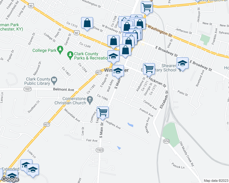 map of restaurants, bars, coffee shops, grocery stores, and more near 289 South Main Street in Winchester
