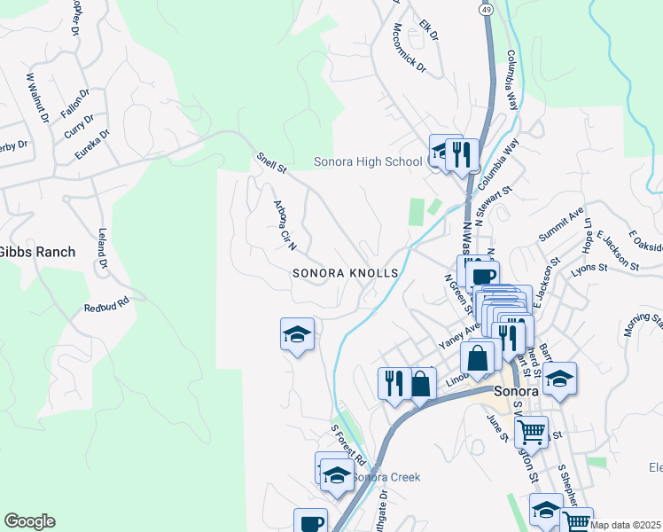 map of restaurants, bars, coffee shops, grocery stores, and more near 62 Arbona Circle South in Sonora