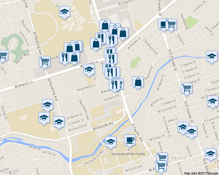 map of restaurants, bars, coffee shops, grocery stores, and more near in Stockton