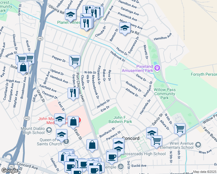 map of restaurants, bars, coffee shops, grocery stores, and more near 3139 Baker Drive in Concord