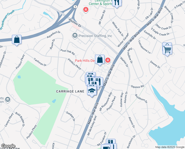 map of restaurants, bars, coffee shops, grocery stores, and more near 3161 High Ridge Drive in Lexington